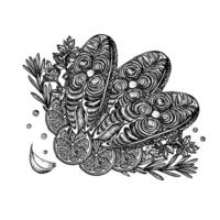 Sliced fish with vegetables. A graphic illustration made by hand. Black and white image of a fish dish. On a white background. For menus, recipe books, packages, labels, invitations and banners vector