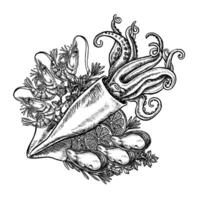 Seafood. Squid, mussels and shrimp with lemon and herbs. Hand-drawn illustration. Black and white image.. Perfect for menus, recipe books, packages, labels, invitations. vector