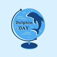 A template for Dolphin Awareness month. illustration of a globe and silhouette of a blue dolphin, marine mammal rescue concept. A place for the text, a flat icon. vector