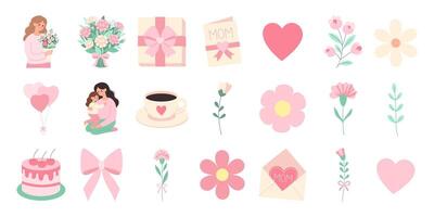A collection of pink icons including flowers, hearts, and a cake. The icons are arranged in a grid and are all pink in color vector
