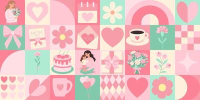 A collage of pink and green images with a woman holding a child and a cake. The woman is holding a bouquet of flowers and a card. The image is a collage of different shapes and sizes of hearts vector