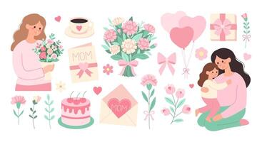 Happy Mother's day stickers set. A woman is holding a bouquet of flowers and a cake. A card is on the table with a heart on it. A child is sitting on the woman's lap vector