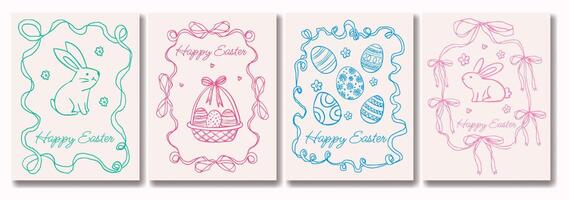 A set of four Easter cards with different designs and colors. The cards feature Easter bunnies, eggs, and other Easter-themed elements vector