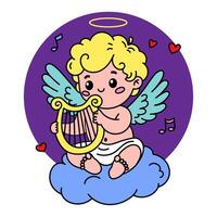 Cupid illustration playing a harp while sitting on a fluffy cloud. Perfect for Valentine's Day and love themes vector