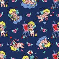 Seamless Valentine's Day pattern with adorable cupids playing harp, painting, shooting arrows, and blowing heart bubbles vector