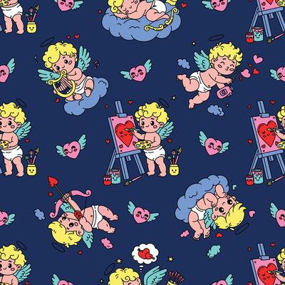 Seamless Valentine's Day pattern with adorable cupids playing harp, painting, shooting arrows, and blowing heart bubbles