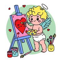 Adorable Cupid illustration painting a smiling heart on a canvas, surrounded by brushes and paint jars vector
