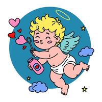 Adorable illustration of Cupid blowing heart-shaped bubbles while flying among clouds and stars vector