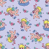 seamless Valentine's Day pattern featuring adorable cupids blowing heart-shaped bubbles, resting on clouds vector