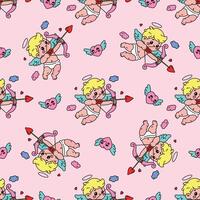 Seamless Valentine's Day pattern with adorable cupids shooting heart arrows, flying among clouds and hearts vector