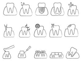 This is a collection of black and white teeth icons representing various dental vector