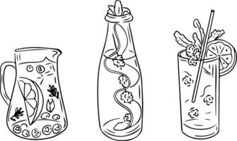 Line art illustration of refreshing drink compositions with fruits, herbs, and ice in a pitcher, bottle, and glass, ideal for summer or healthy lifestyle themes vector