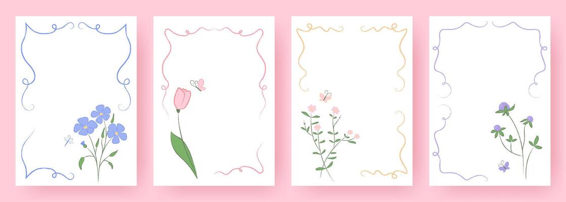 Set of floral card templates with delicate hand drawn flowers, butterflies. Soft pastel colors, crayon pencil texture. Cute linear frames, borders for spring designs, greeting cards, banner, poster.
