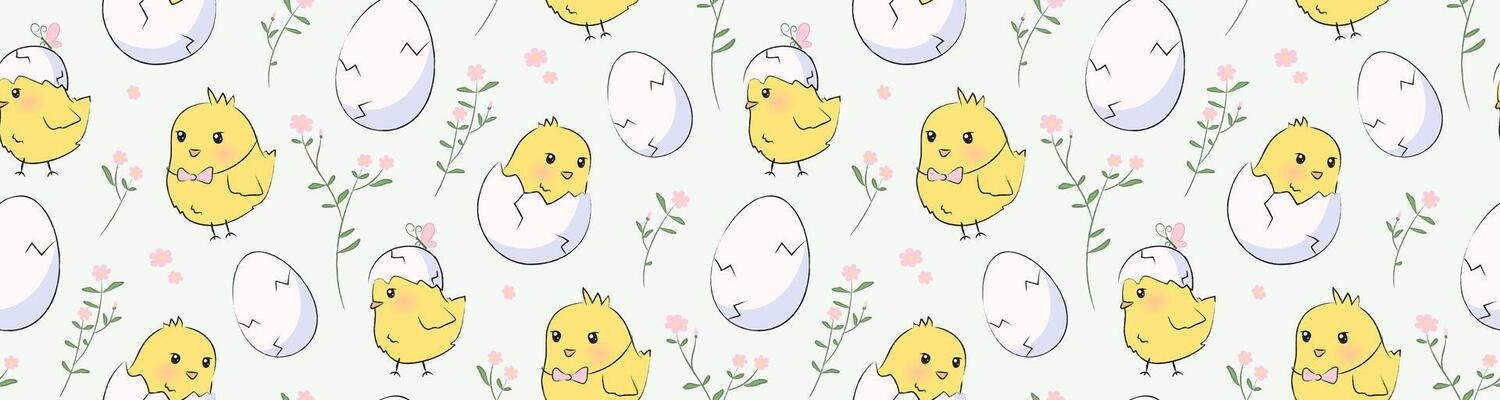 Seamless pattern with hand drawn yellow easter baby chicks, cracked eggs, and pink flowers on a light background. Crayon pencil texture. Cute wallpaper for Easter themed spring designs, print, textile