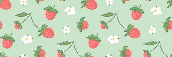 Seamless strawberry pattern with hand drawn ripe berries, green leaves, and white flowers on a soft green background. Crayon pencil texture. Cute wallpaper for spring, summer designs, print, textile. vector