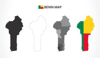 Detailed Benin Map Collection with Outline, Silhouette, Departments, and Flag Overlay Variations vector