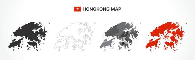 Detailed Hong Kong Map Collection with Outline, Silhouette, Districts, and Flag Overlay Variations vector