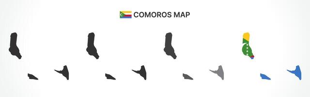 Detailed Comoros Map Collection with Outline, Silhouette, Islands, and Flag Overlay Variations vector