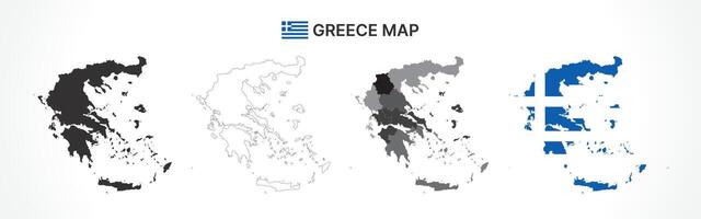 Detailed Greece Map Collection with Outline, Silhouette, Regions, and Flag Overlay Variations vector
