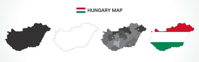 Detailed Hungary Map Collection with Outline, Silhouette, Counties, and Flag Overlay Variations vector