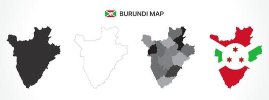 Detailed Burundi Map Collection with Outline, Silhouette, Provinces, and Flag Overlay Variations vector