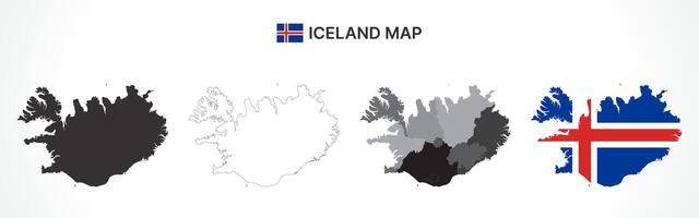 Detailed Iceland Map Collection with Outline, Silhouette, Regions, and Flag Overlay Variations vector