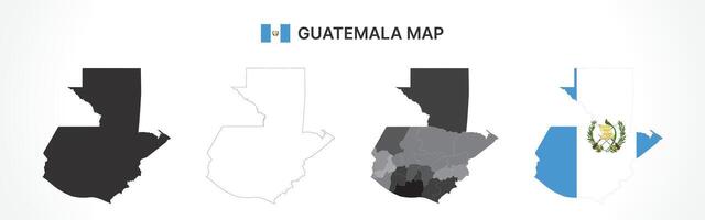 Detailed Guatemala Map Collection with Outline, Silhouette, Departments, and Flag Overlay Variations vector