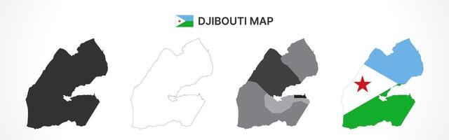 Detailed Djibouti Map Collection with Outline, Silhouette, Regions, and Flag Overlay Variations vector