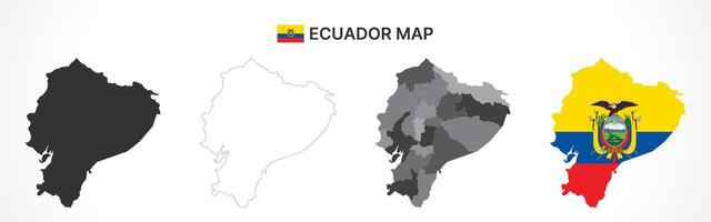Detailed Ecuador Map Collection with Outline, Silhouette, Provinces, and Flag Overlay Variations vector