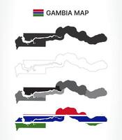 Detailed Gambia Map Collection with Outline, Silhouette, Regions, and Flag Overlay Variations vector