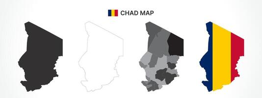 Detailed Chad Map Collection with Outline, Silhouette, Regions, and Flag Overlay Variations vector