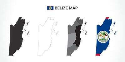 Detailed Belize Map Collection with Outline, Silhouette, Districts, and Flag Overlay Variations vector