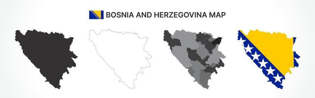 Detailed Bosnia and Herzegovina Map Collection with Outline, Silhouette, Entities, and Flag Overlay Variations vector