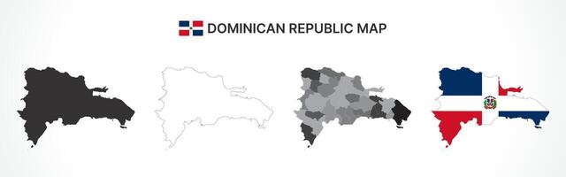 Detailed Dominican Republic Map Collection with Outline, Silhouette, Provinces, and Flag Overlay Variations vector