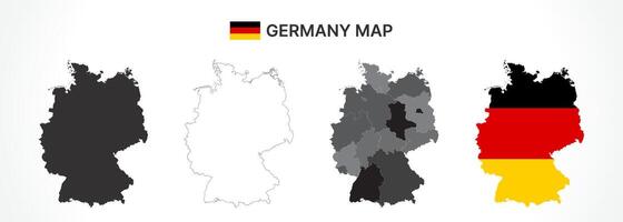 Detailed Germany Map Collection with Outline, Silhouette, States, and Flag Overlay Variations vector