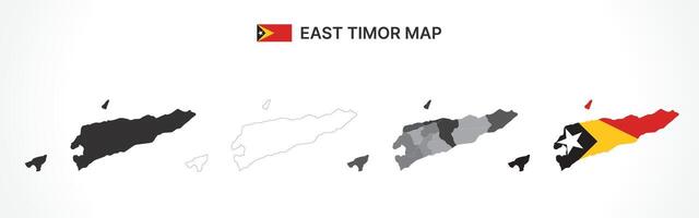 Detailed East Timor Map Collection with Outline, Silhouette, Municipalities, and Flag Overlay Variations vector