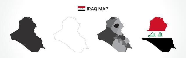Detailed Iraq Map Collection with Outline, Silhouette, Governorates, and Flag Overlay Variations vector