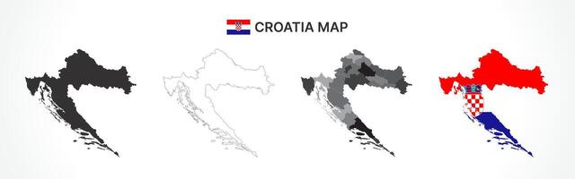 Detailed Croatia Map Collection with Outline, Silhouette, Counties, and Flag Overlay Variations vector