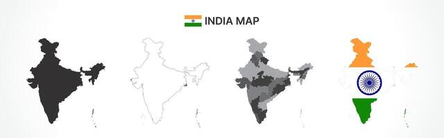 Detailed India Map Collection with Outline, Silhouette, States, and Flag Overlay Variations vector