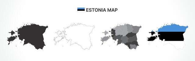 Detailed Estonia Map Collection with Outline, Silhouette, Counties, and Flag Overlay Variations vector
