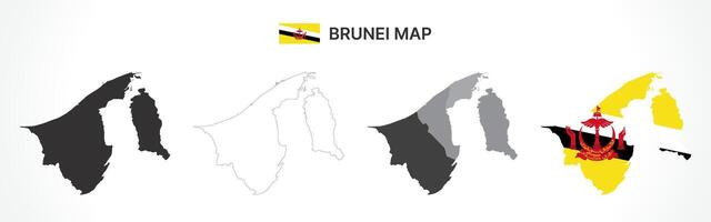Detailed Brunei Map Collection with Outline, Silhouette, Districts, and Flag Overlay Variations vector