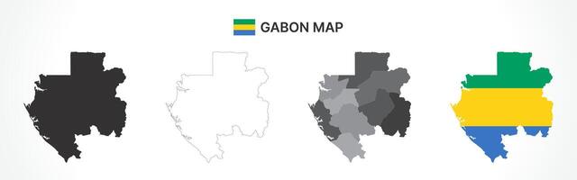 Detailed Gabon Map Collection with Outline, Silhouette, Provinces, and Flag Overlay Variations vector