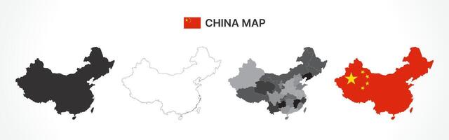 Detailed China Map Collection with Outline, Silhouette, Provinces, and Flag Overlay Variations vector