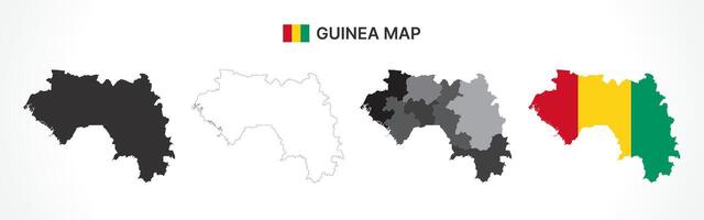 Detailed Guinea Map Collection with Outline, Silhouette, Regions, and Flag Overlay Variations vector