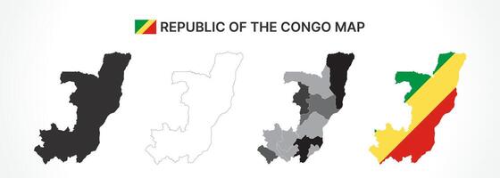 Detailed Republic of the Congo Map Collection with Outline, Silhouette, Departments, and Flag Overlay Variations vector