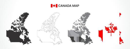 Detailed Canada Map Collection with Outline, Silhouette, Provinces, Territories, and Flag Overlay Variations vector