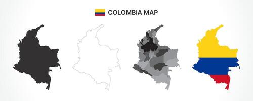 Detailed Colombia Map Collection with Outline, Silhouette, Departments, and Flag Overlay Variations vector