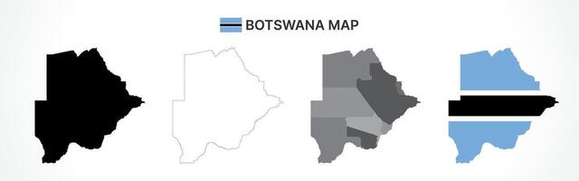 Detailed Botswana Map Collection with Outline, Silhouette, Districts, and Flag Overlay Variations vector