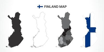 Detailed Finland Map Collection with Outline, Silhouette, Regions, and Flag Overlay Variations vector