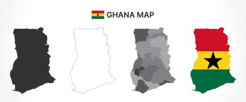 Detailed Ghana Map Collection with Outline, Silhouette, Regions, and Flag Overlay Variations vector